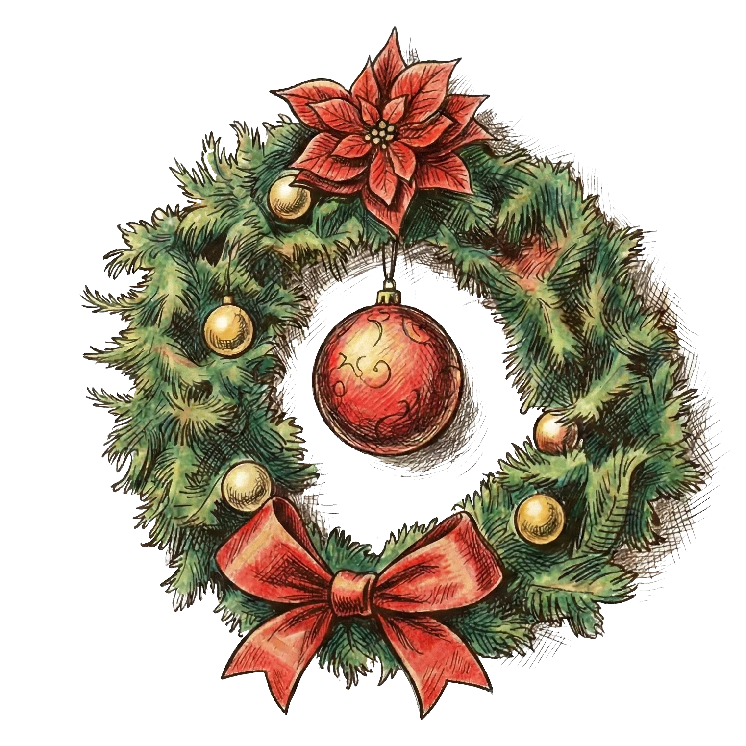 Ręcznie rysowany wianek świąteczny z czerwoną bombką i kokardą